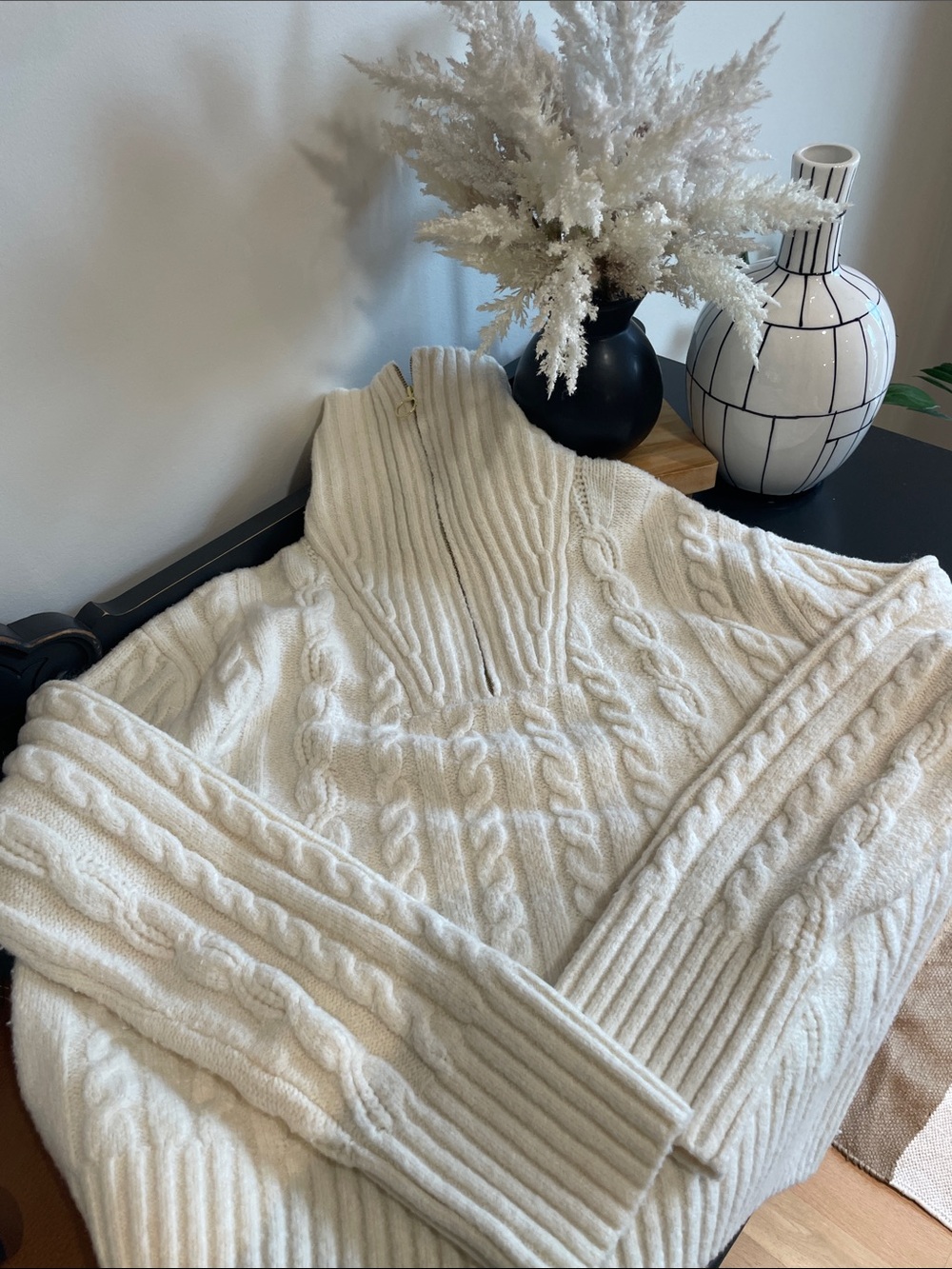 Cable-Knit Half-Zip Turtleneck Sweater — Cream